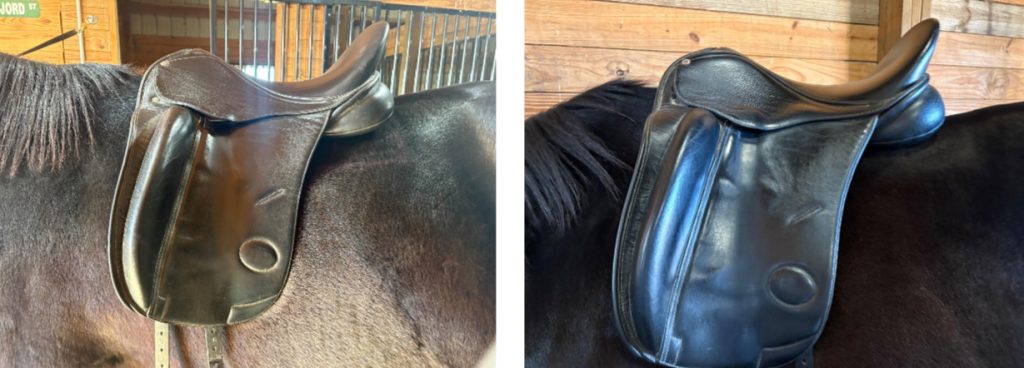 Saddle before reflocking on left. Saddle after reflocking on right.